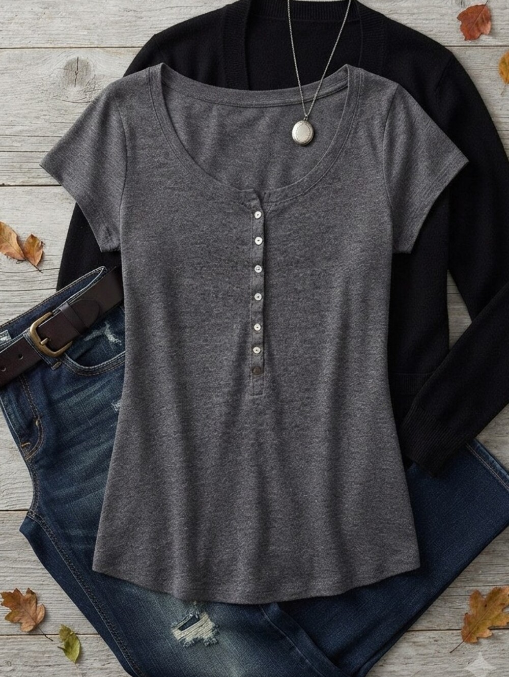 Old Navy Perfect Henley Gray Short Sleeve Scoop Neck Top
